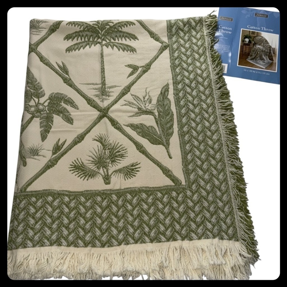 Jubilee 100% Cotton Throw Blanket 46x60 Green Tropical Palm Tree Woven Fringe